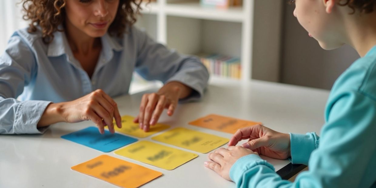 A woman and child engage in a learning activity with colorful cards on a table.