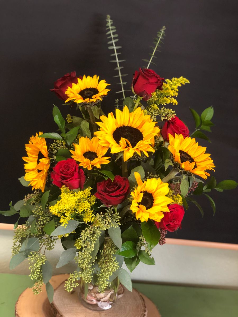 Sunflowers and Red Roses Flower Arrangement
