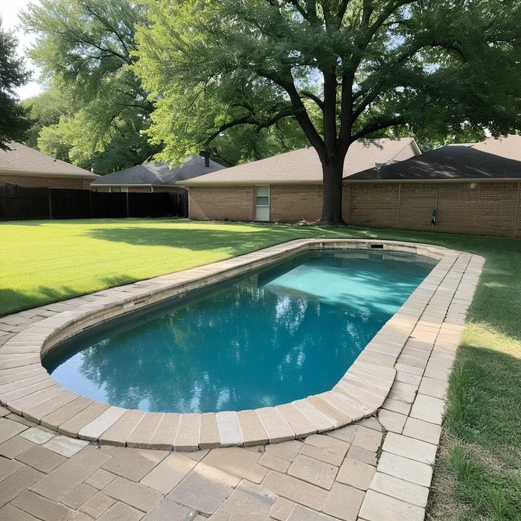 Clean blue backyard pool with brick paver coping and a shade oak behind a brick home in a Prosper TX