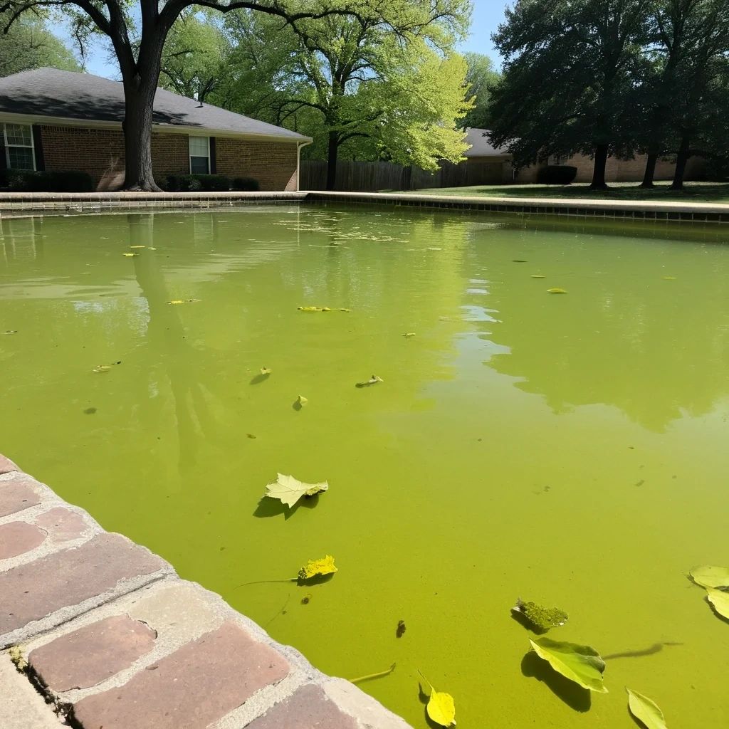 Bright green algae-filled backyard pool with oak leaves floating beside a brick coping in a Prosper 