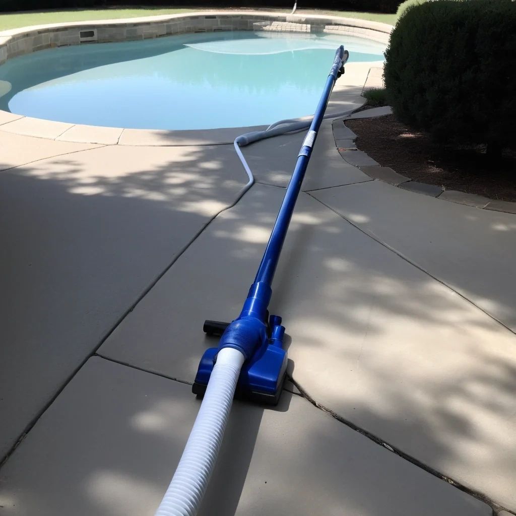 Blue pool vacuum head and white hose on a shaded concrete deck beside a backyard pool in Prosper TX
