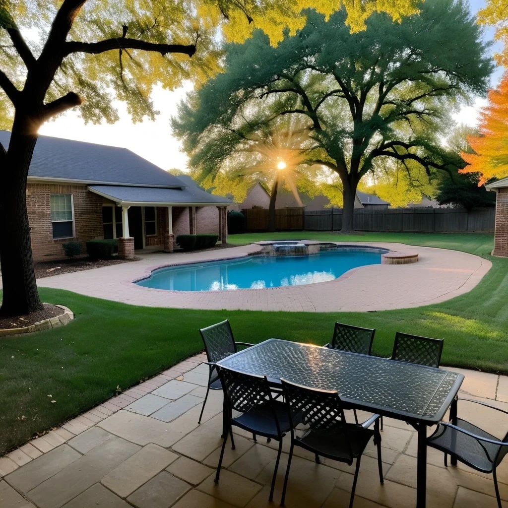 Backyard pool at golden hour with a stone patio, dining table and mature oak trees at a home in Pros