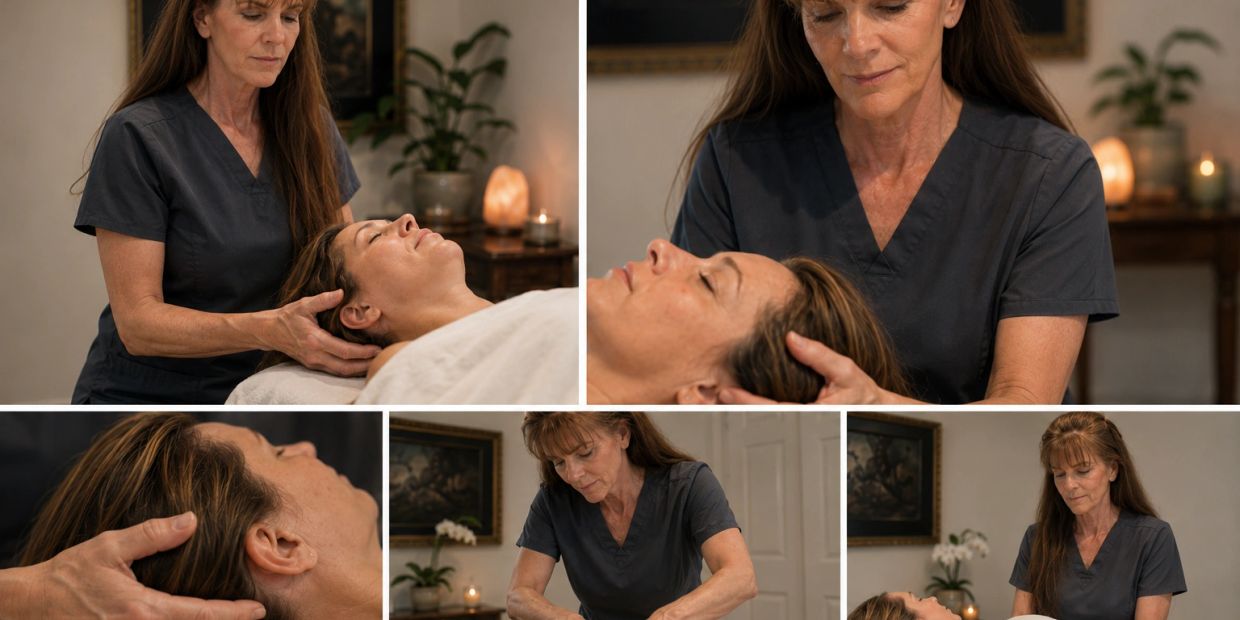 Therapist giving head and shoulder massage to a woman lying down.