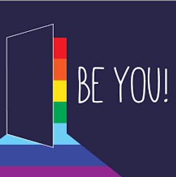 rainbow colour behind a door opening to a sign showing BE YOU
