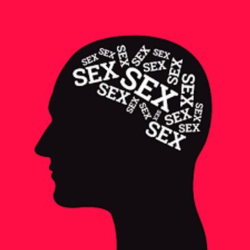 man in black with sex sex sex in his head with red background