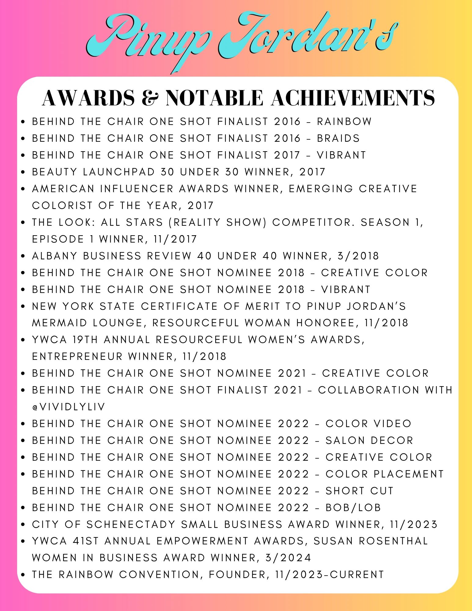 List of Pinup Jordan's awards and notable achievements in the beauty and business industry.