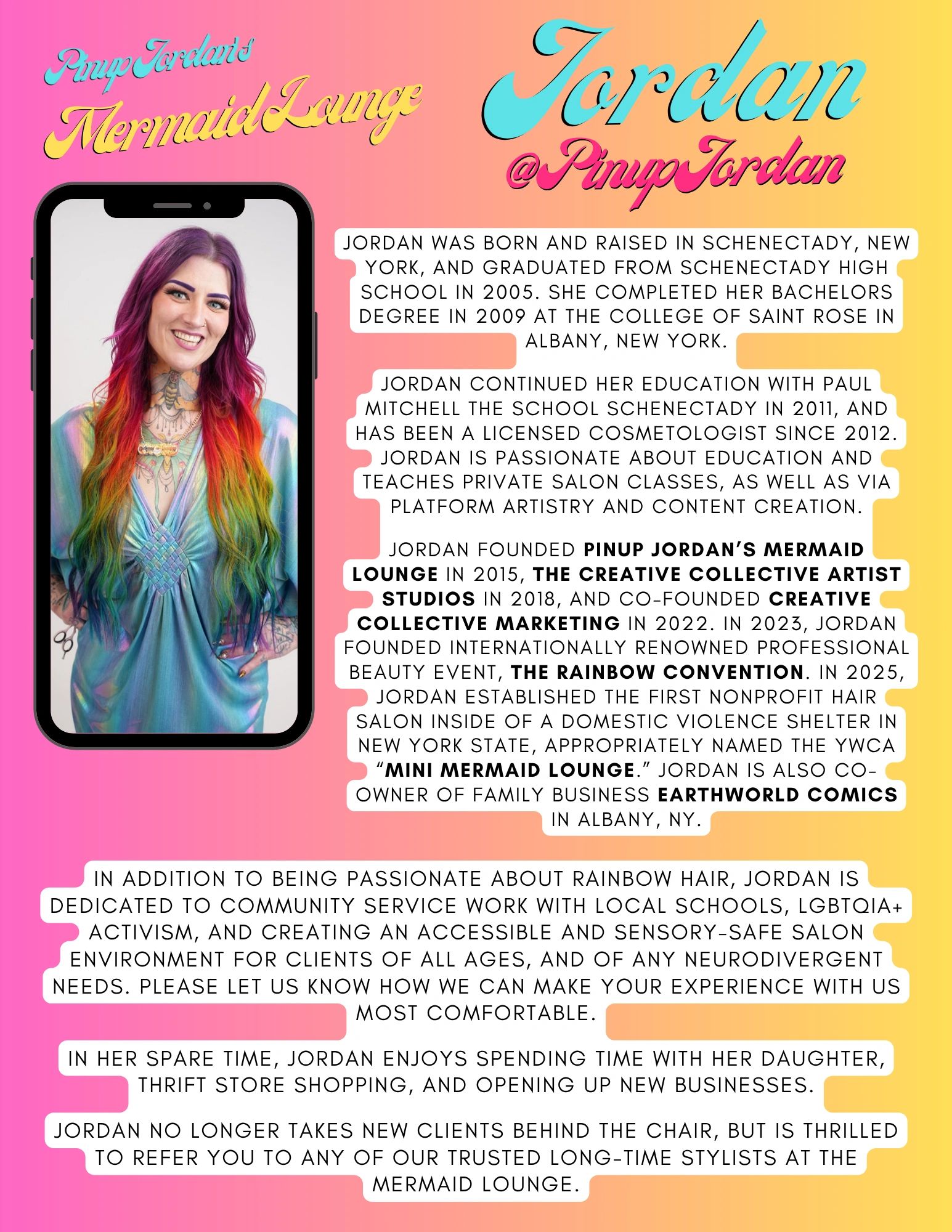 Profile of Jordan, a licensed cosmetologist and founder of Pinup Jordan's Mermaid Lounge.