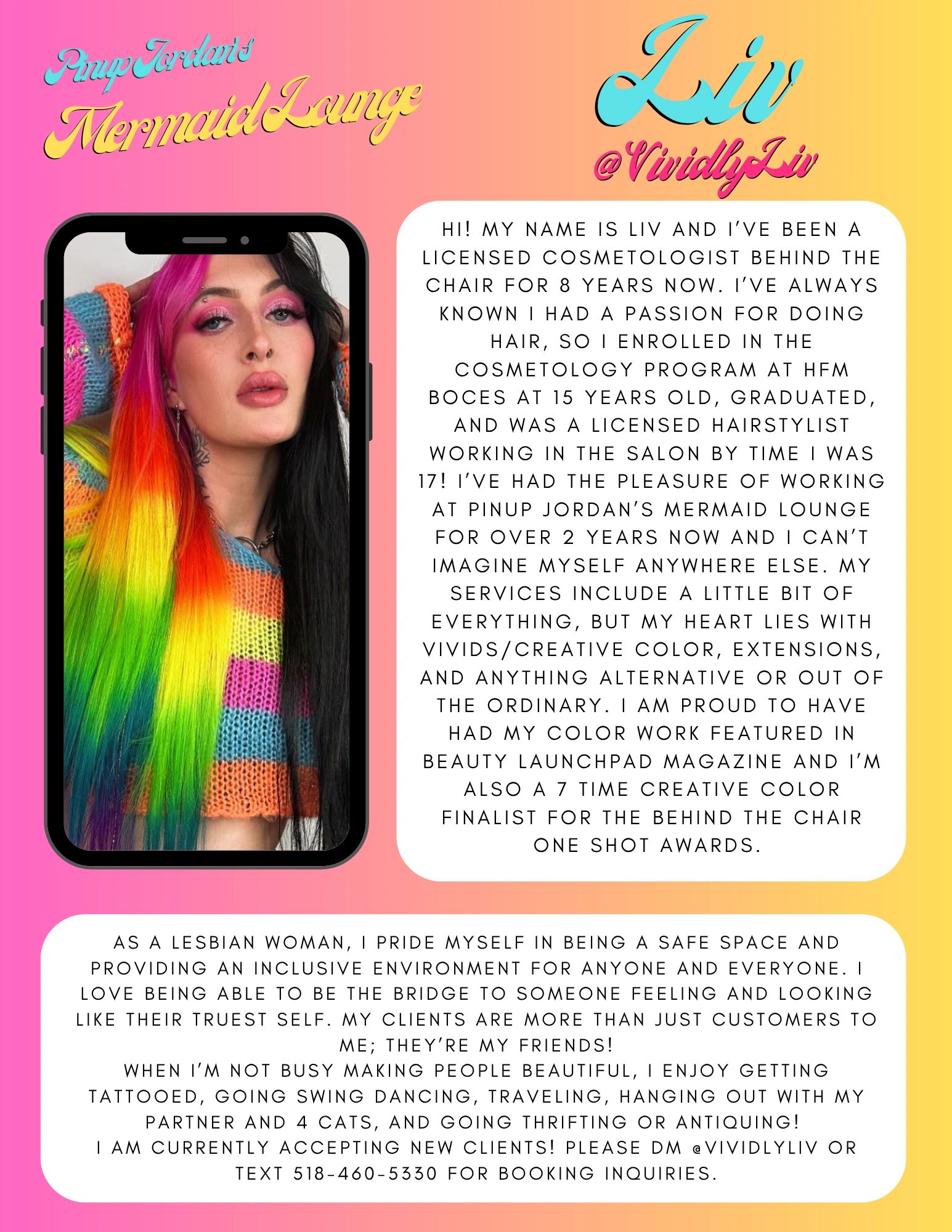 Meet Liv, a licensed cosmetologist specializing in vivid colors and creative hairstyling.