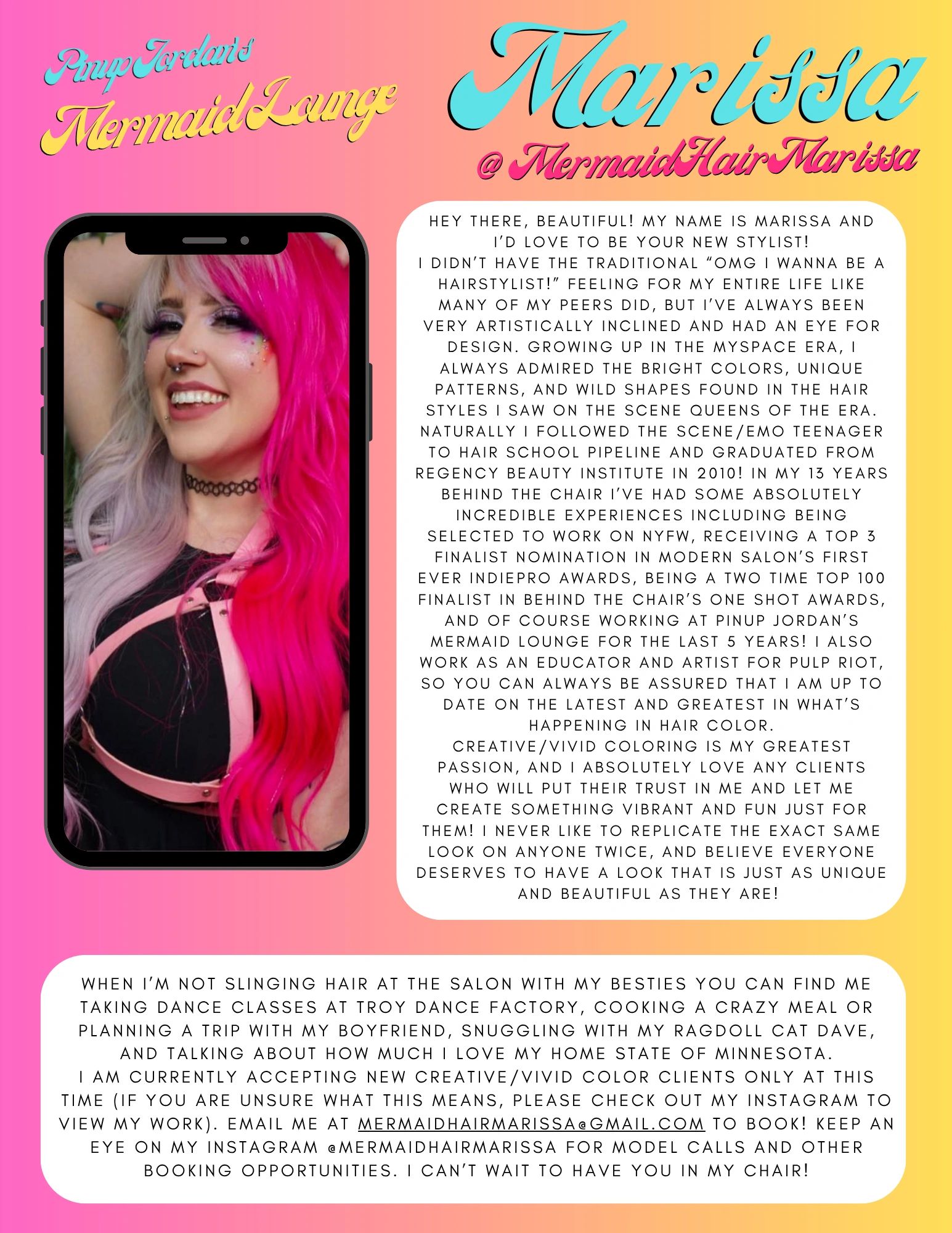 Marissa, a vibrant hairstylist with a passion for creative coloring, sharing her journey and contact info.