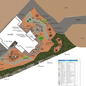 Landscape design plan with plant and materials lists