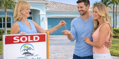Happy couple receiving house keys from a real estate agent.