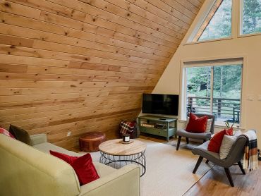 Cozy living room with wooden walls and red accents.