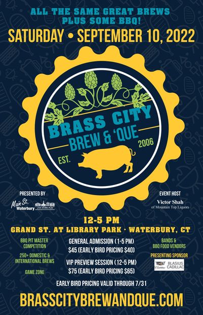 Flyer for Brass City Brew &amp; Que event in Waterbury, CT on September 10, 2022.