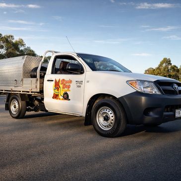 White Toyota Hilux utility truck with decal parked on road at sunset.