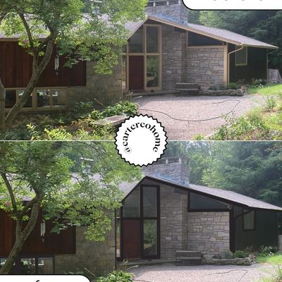 Before and after images of a house exterior with updated black window frames and trims.