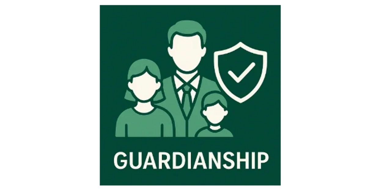 Green and cream colored graphic with father and two children, trust check mark and the word Guardianp