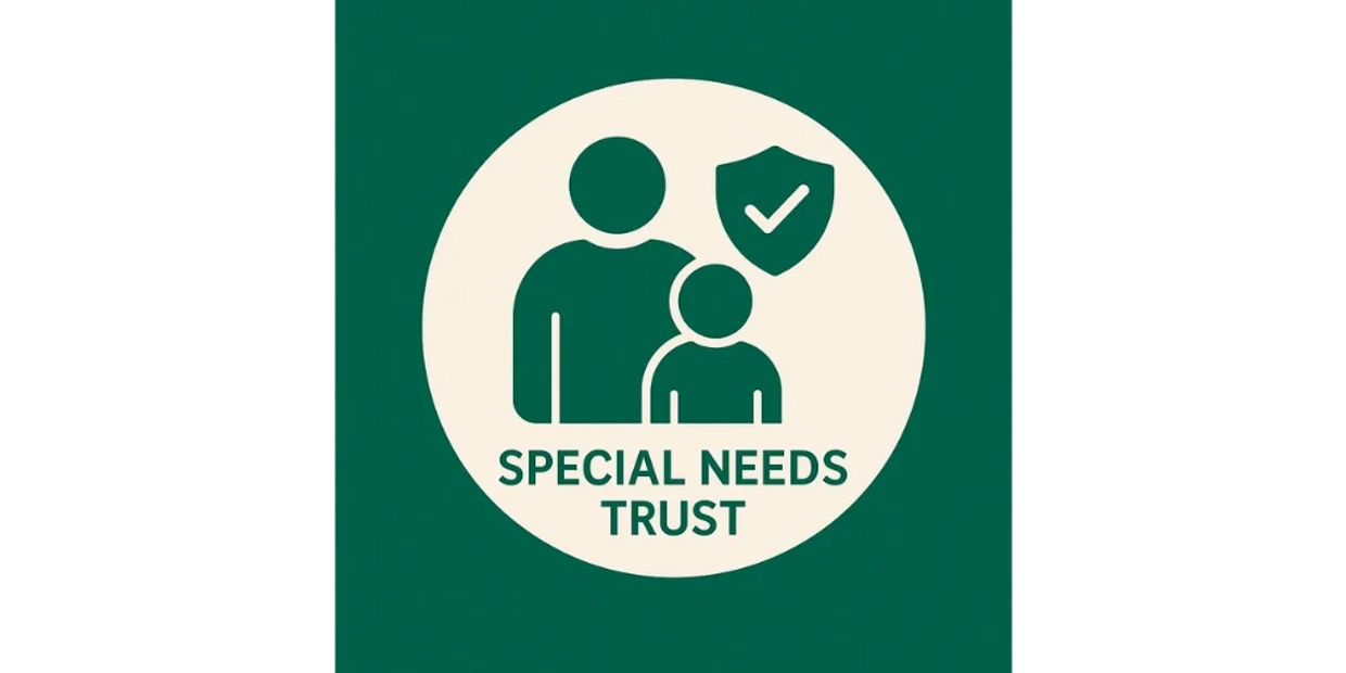 Green and cream colored graphic of adult and child with Special Needs Trust
