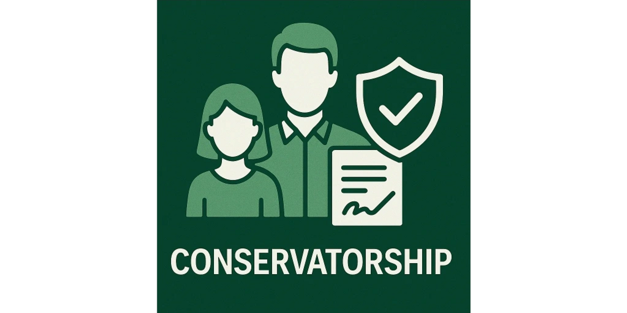 Graphic image of Adult, Child with trust check mark and the word conservatorship