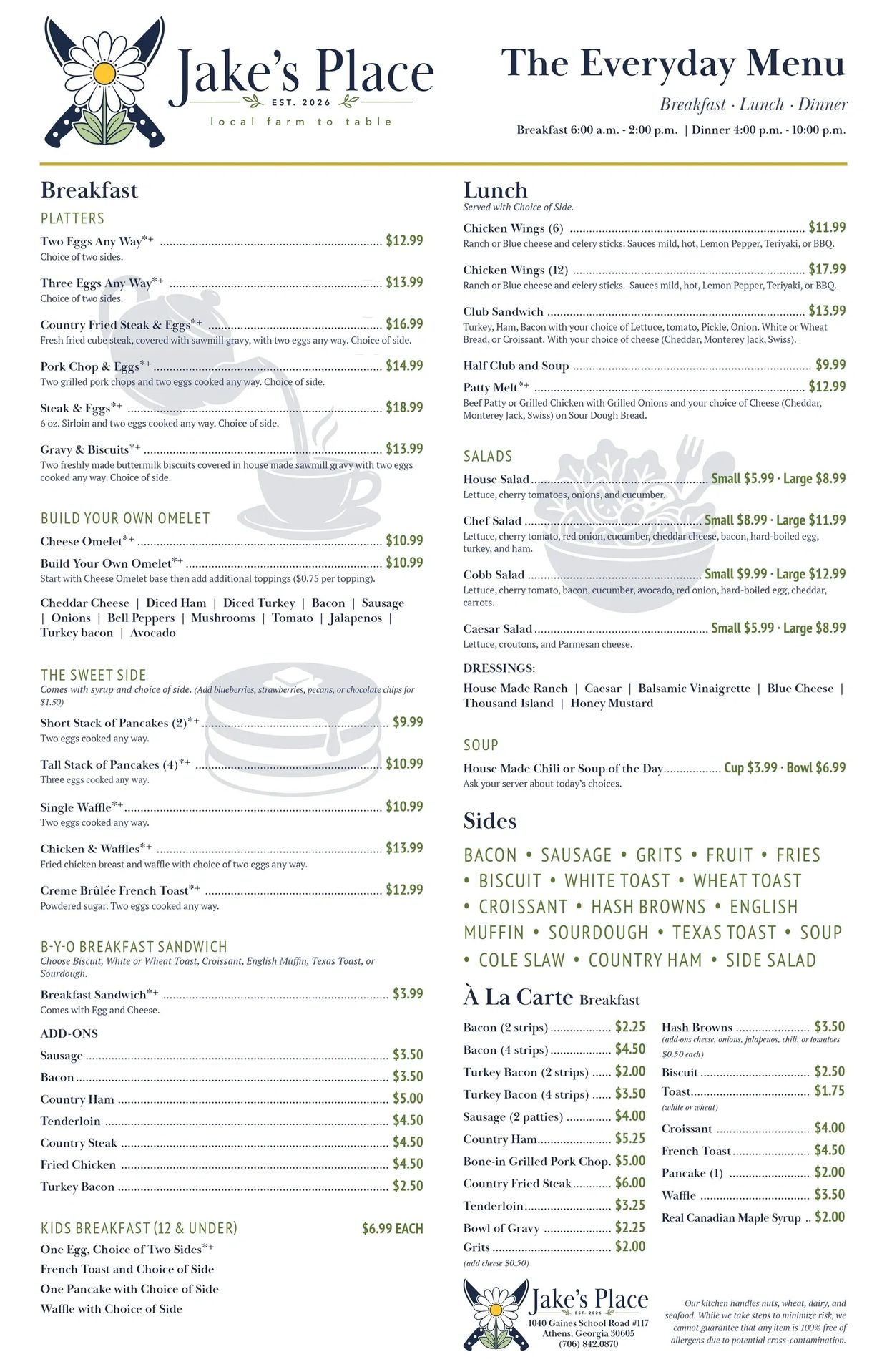 Jake's Place Menu - Front Side