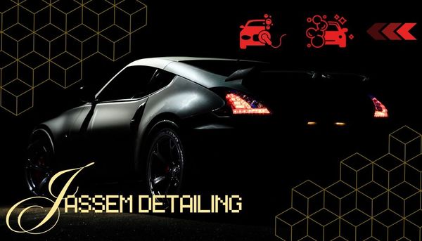 Sleek black sports car with Jassem Detailing logo and cleaning icons on dark background.