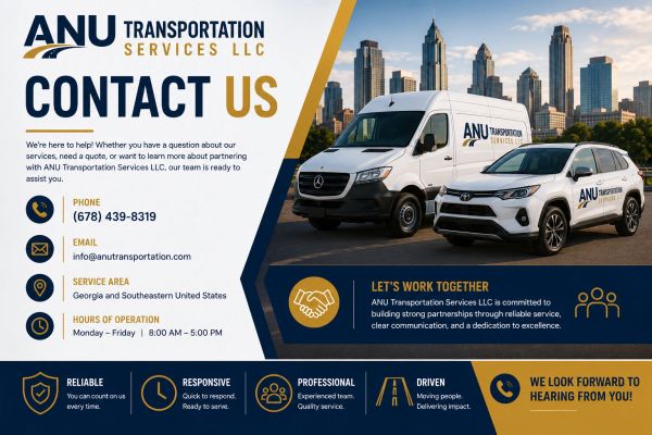 ANU Transportation Services LLC contact information with vehicles in city backdrop.