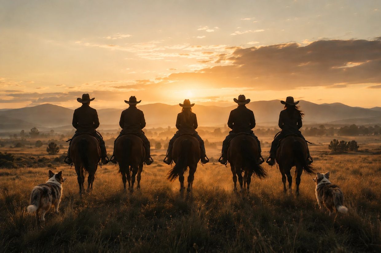 Five cowboys on horseback with two dogs at sunset in an open field.
