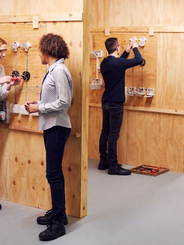 People working on electrical wiring in a training workshop.