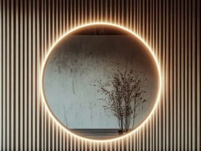 Circular LED mirror with plant reflection on striped wall.