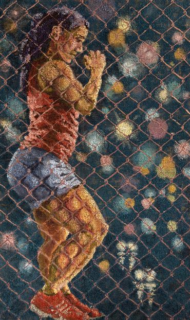 Mural of a woman exercising behind a chain-link fence with colorful background.