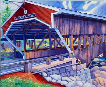 Colorful painting of a covered bridge in Jackson, New Hampshire.