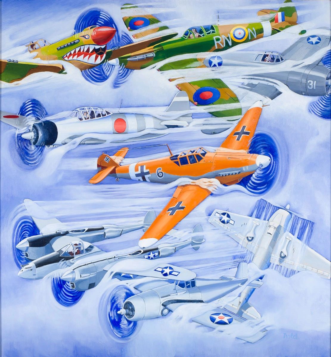 Illustration of World War II fighter planes in flight, showcasing various national markings.