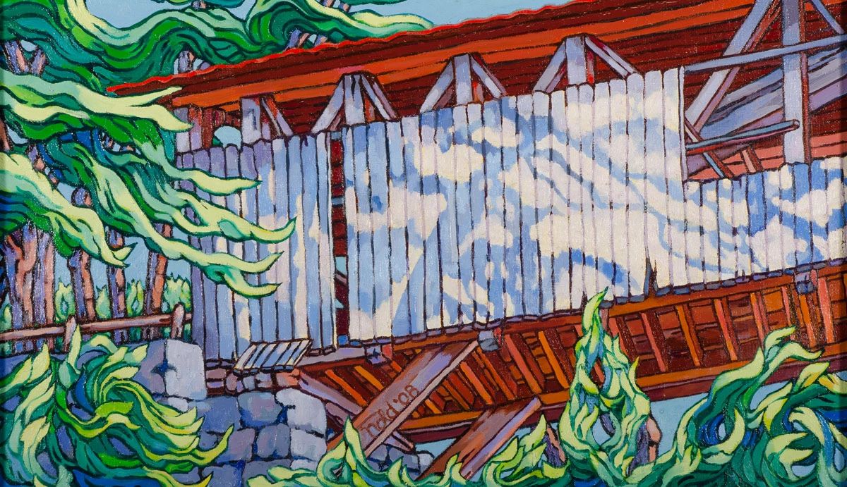 Colorful painting of a wooden structure with swirling green foliage.