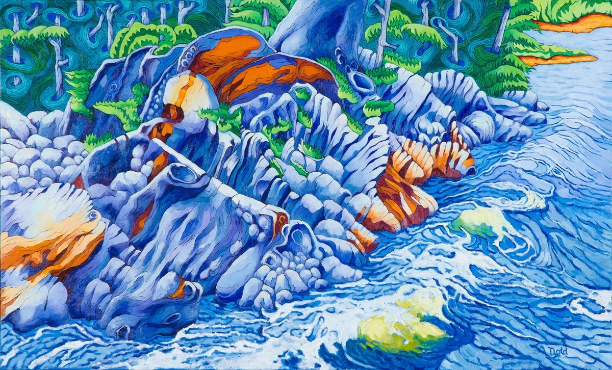 Colorful abstract painting of rocky shoreline and swirling water.