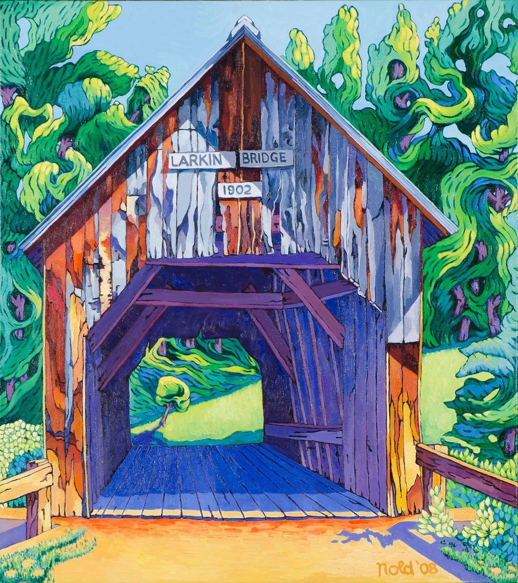 Colorful painting of Larkin Bridge with vibrant trees and bright sunlight.