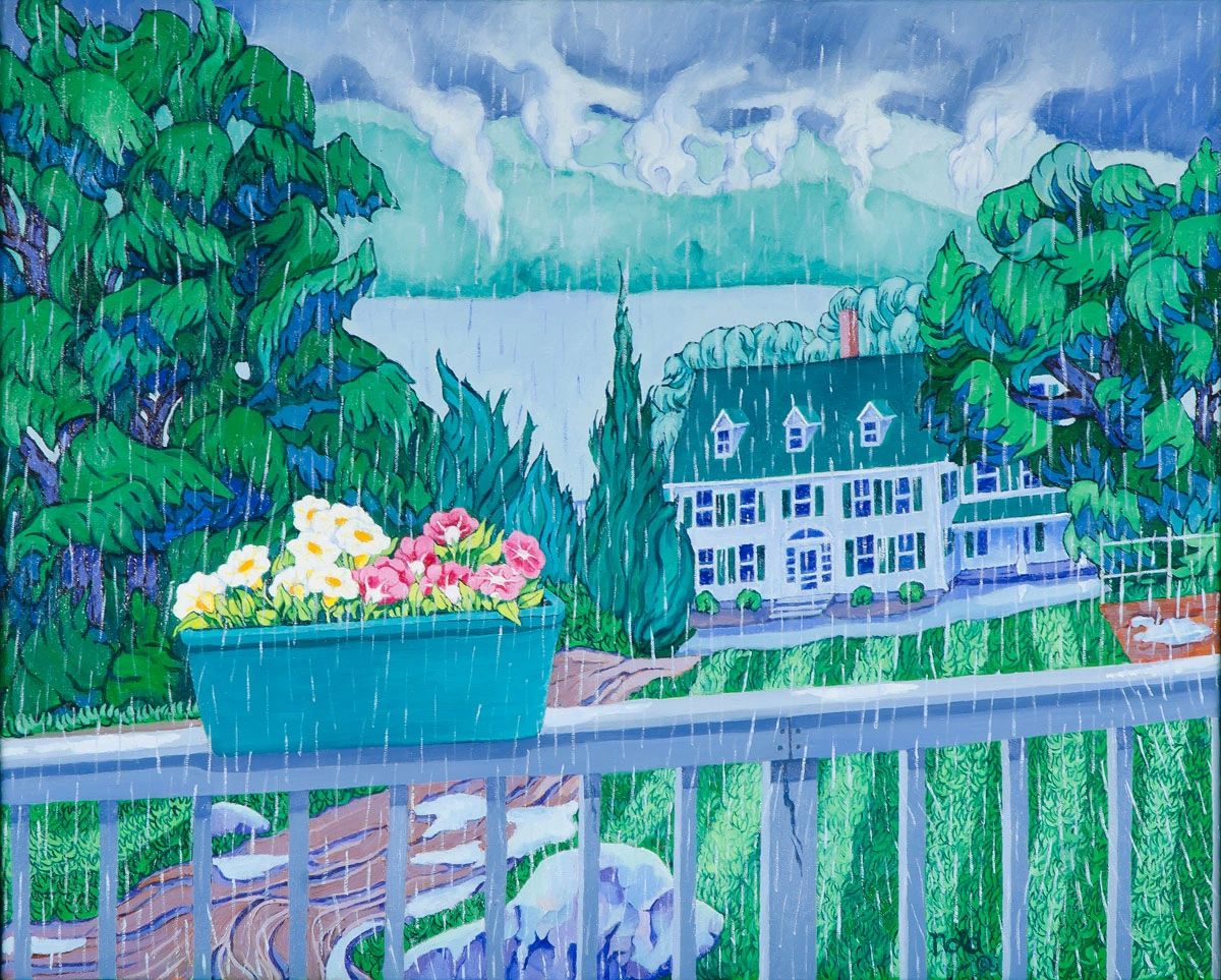 A colorful painting of a rainy day with flowers on a balcony and a house in the background.