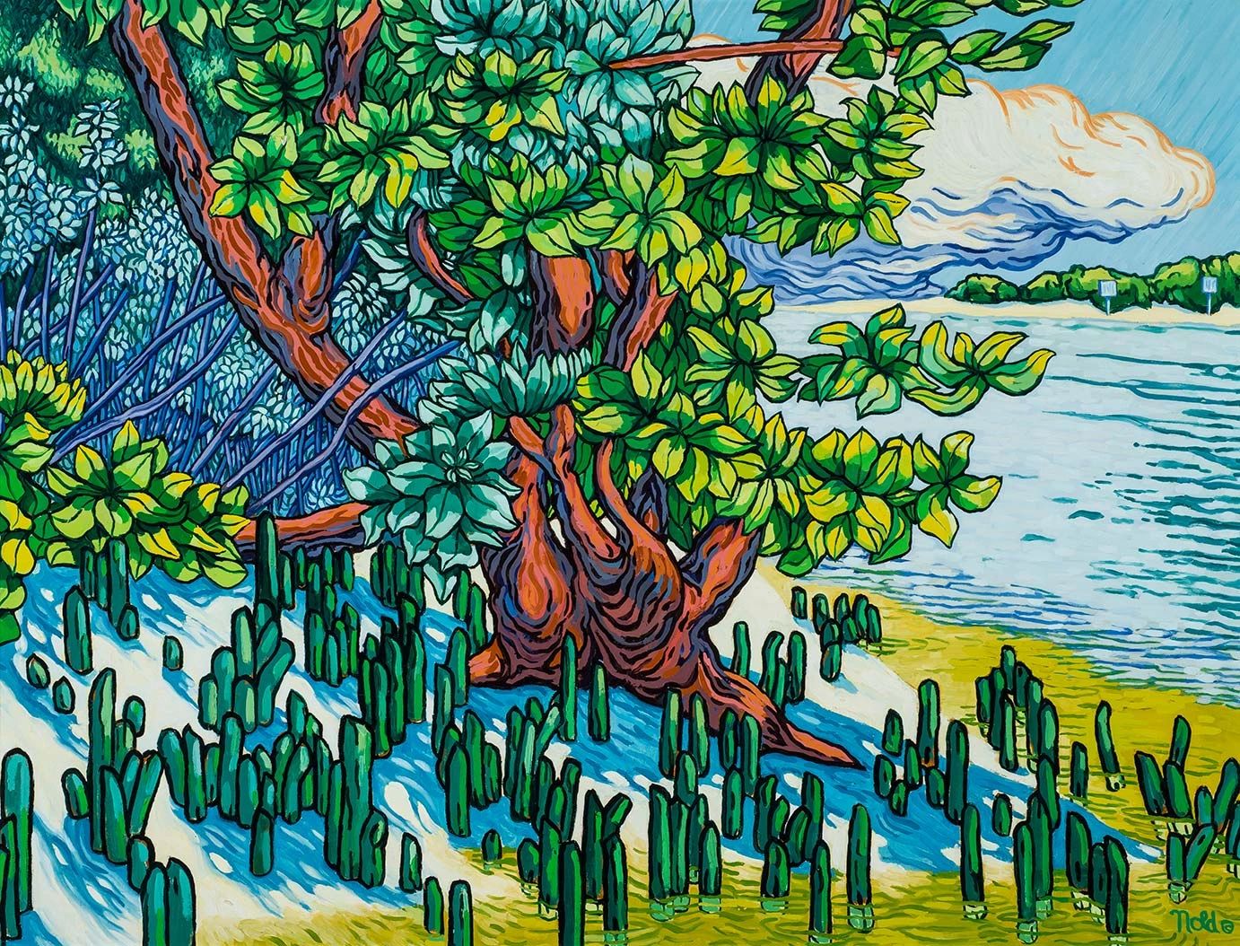 Vibrant painting of a tree by the water with lush greenery and blue shadows.
