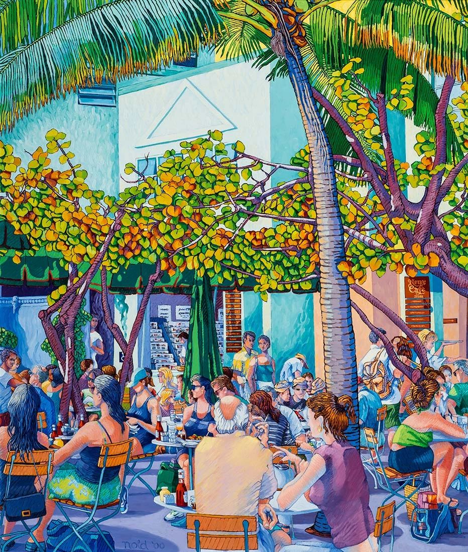 Vibrant outdoor café scene under lush trees with people enjoying food and conversation.