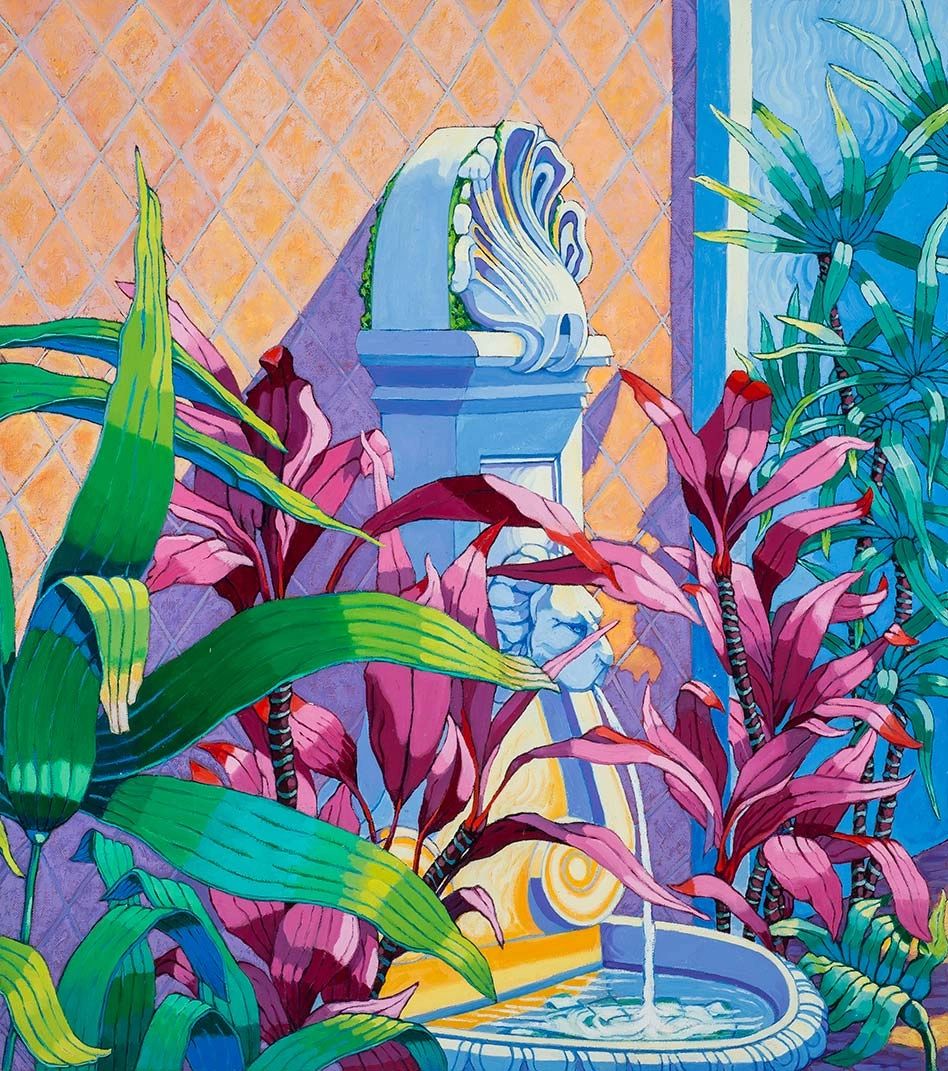 Colorful plants surround a decorative fountain with a lion's head spout.