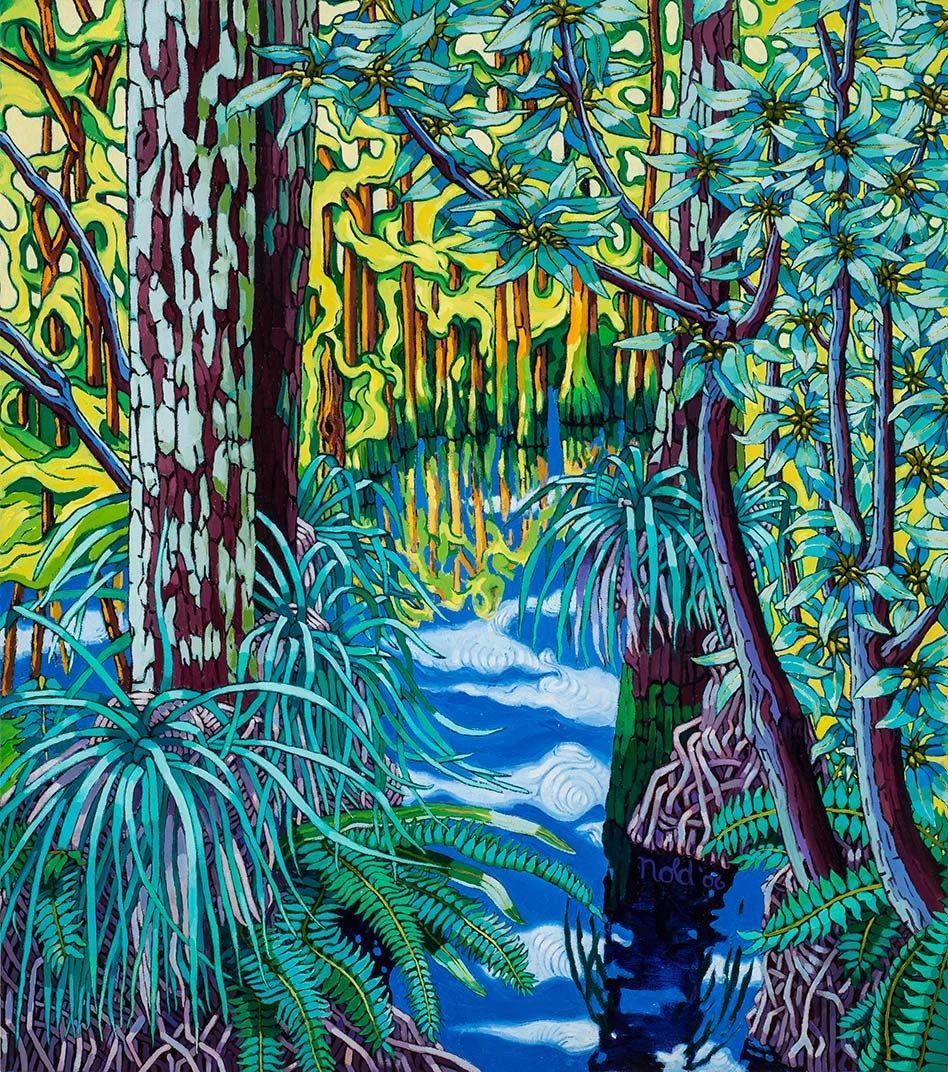 Colorful abstract forest scene with vibrant plants and a flowing stream.
