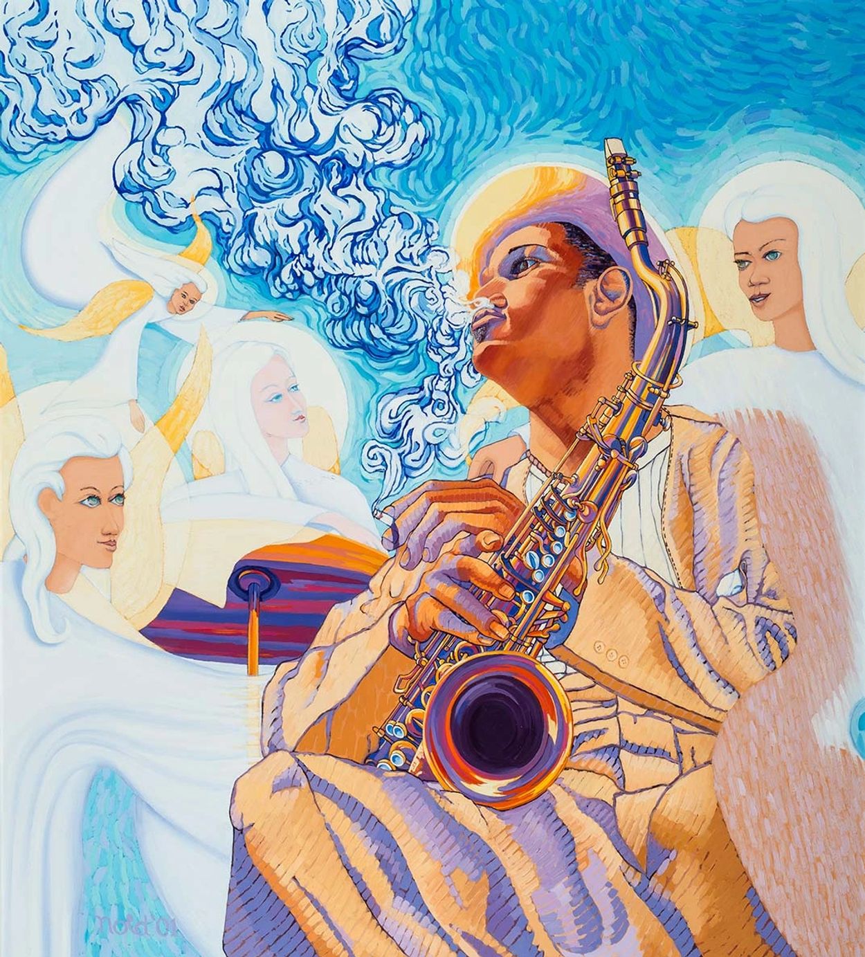 A man plays saxophone surrounded by ethereal angels with swirling smoke.