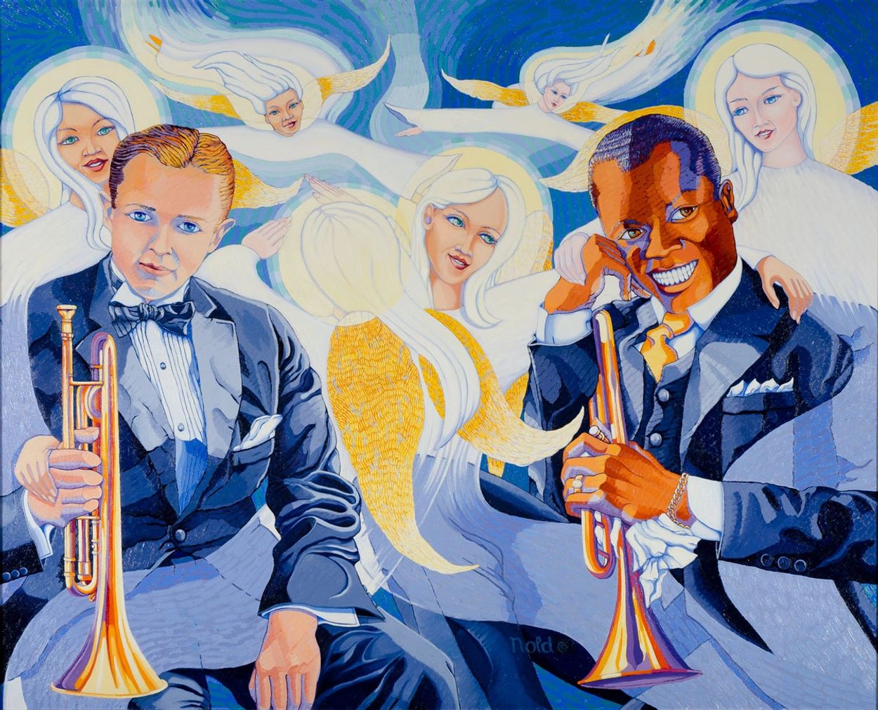 Two jazz musicians with trumpets surrounded by angelic figures in a vibrant painting.