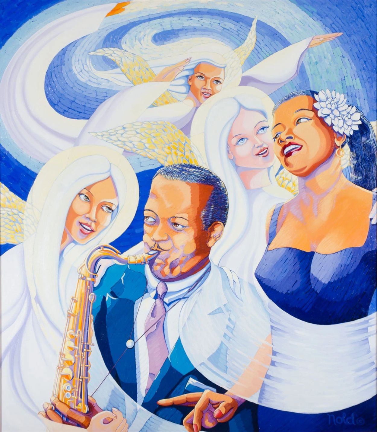 A vibrant painting of a saxophonist surrounded by smiling angels and a joyful woman with a flower in her hair.