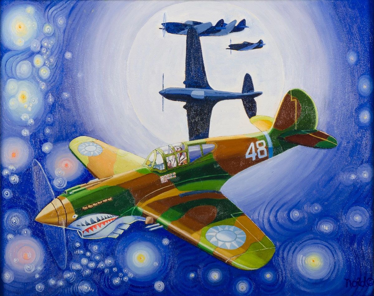 Colorful WWII fighter plane flying under a moonlit starry sky.