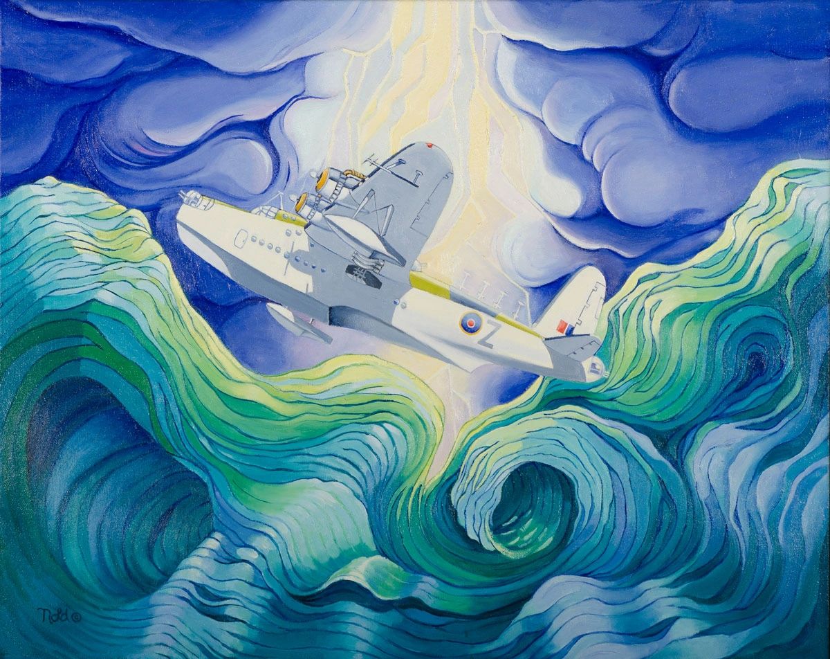 Surreal painting of a plane flying over swirling ocean waves under dramatic skies.
