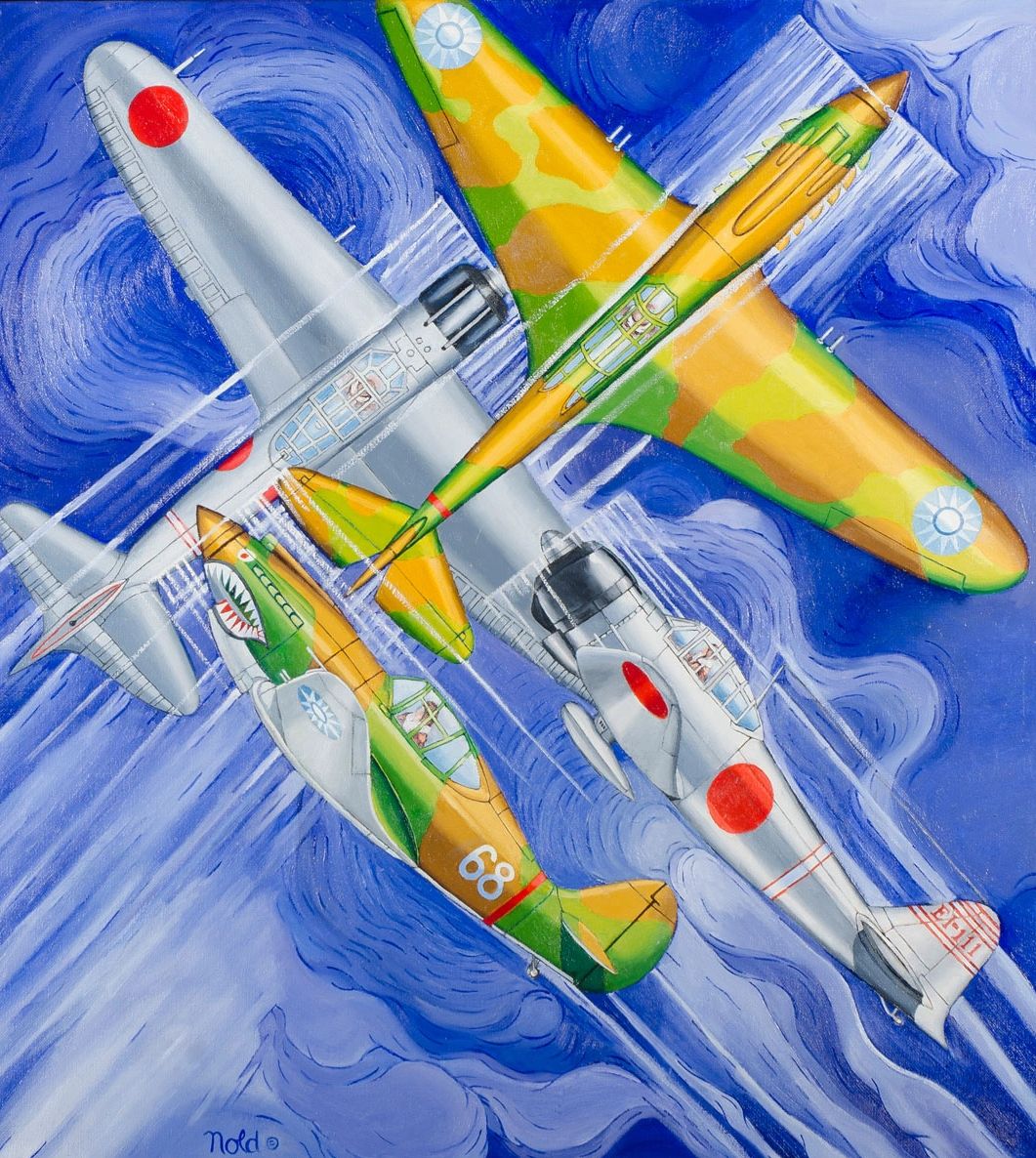 Illustration of four World War II fighter planes flying in formation over swirling blue skies.