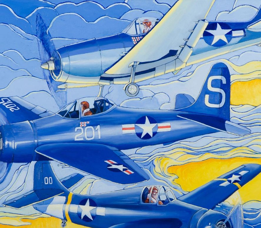 Painting of three blue WWII fighter planes flying through stylized clouds.
