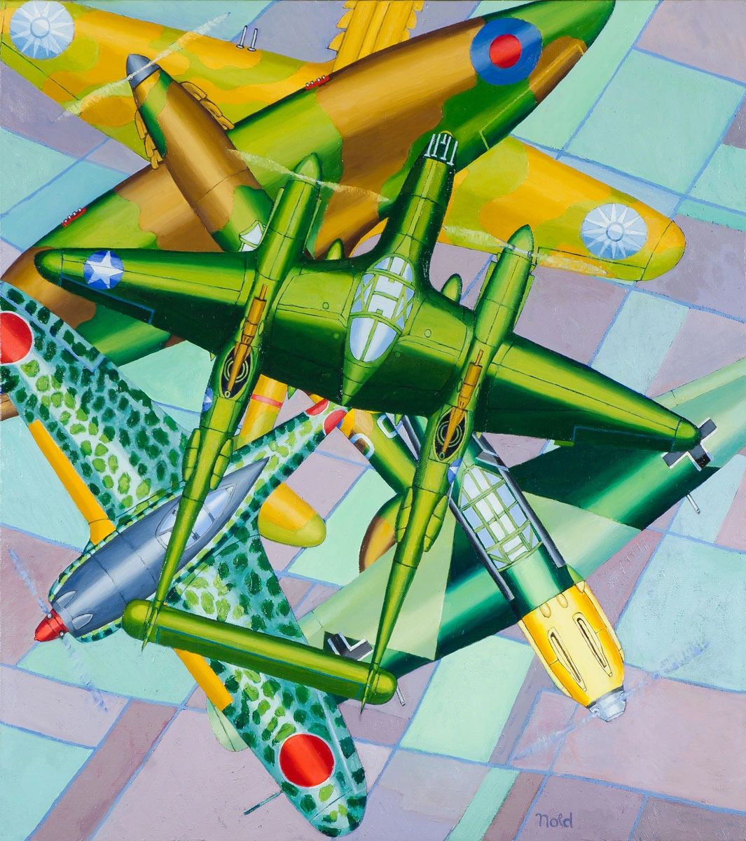 Colorful painting of vintage military airplanes overlapping in flight.