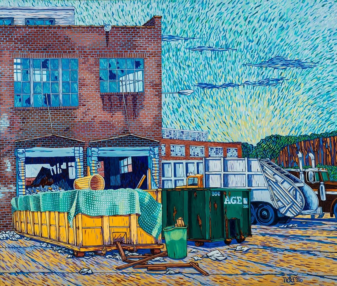 Colorful painting of an industrial building with dumpsters and trucks under a vibrant sky.