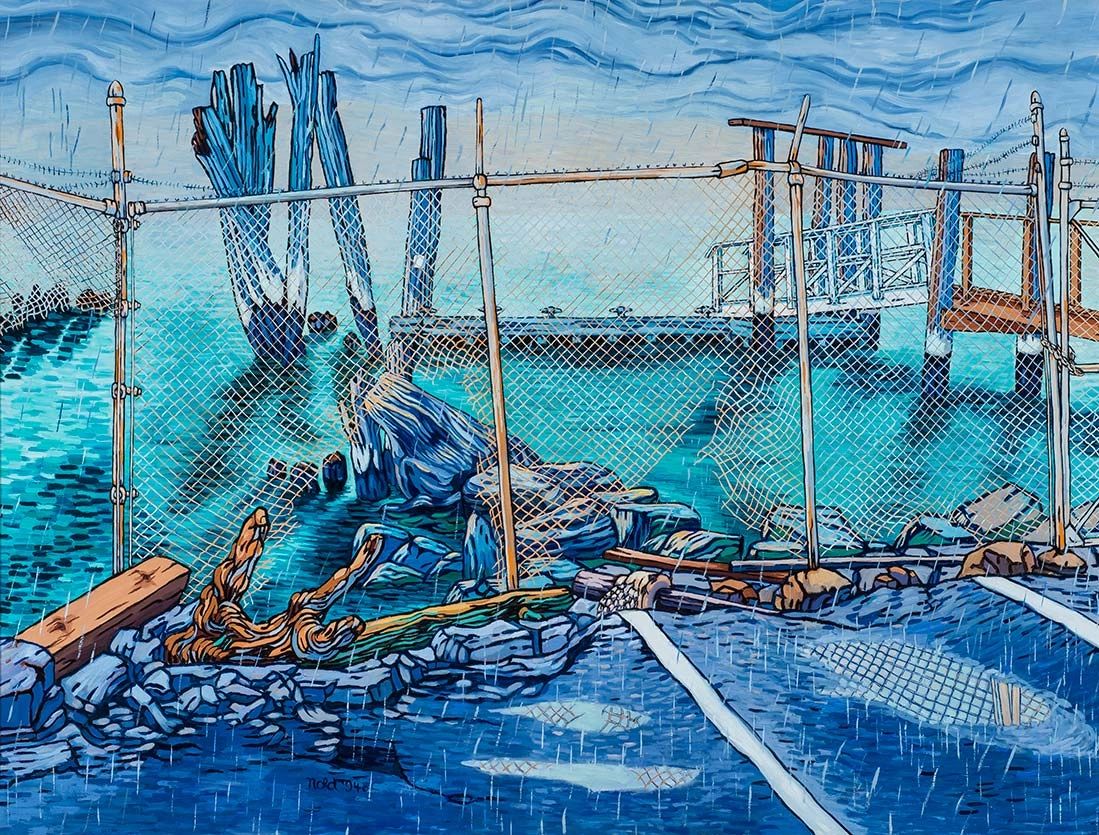 Painting of a fenced, rainy waterfront with wooden debris and a dock.