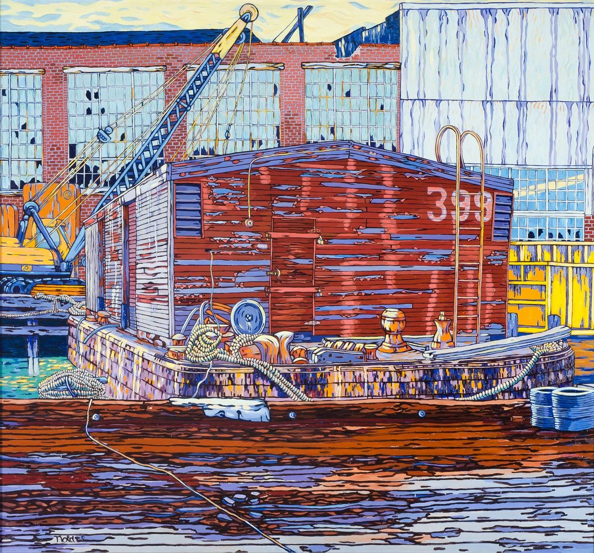 Detailed painting of a weathered red barge docked by an industrial waterfront.